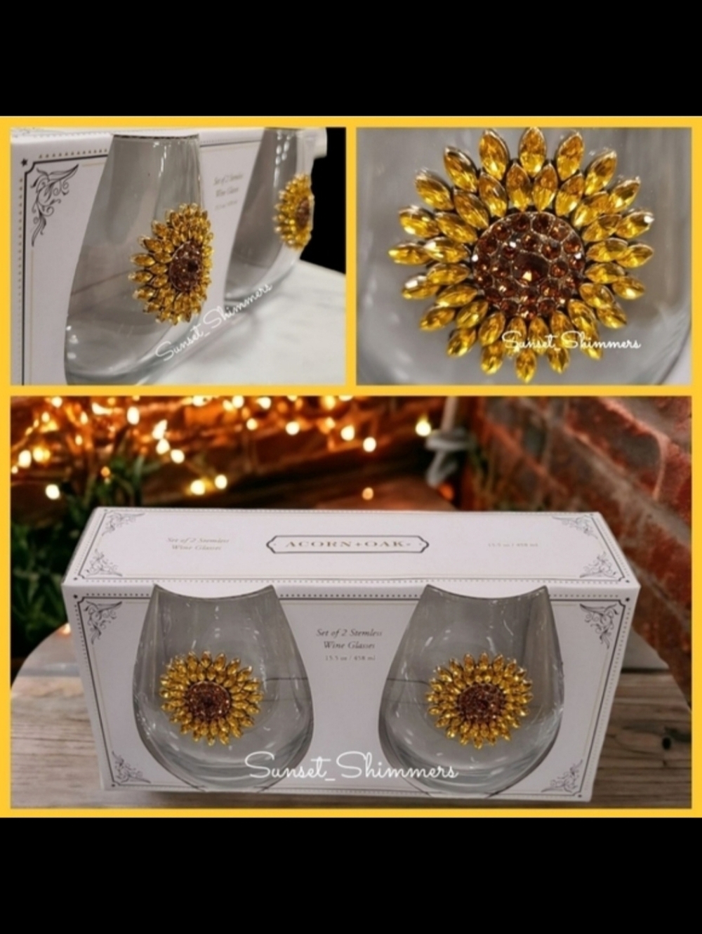 2pc Set Summer Fall Jeweled Rhinestone SUNFLOWER Stemless Wine Glasses NEW